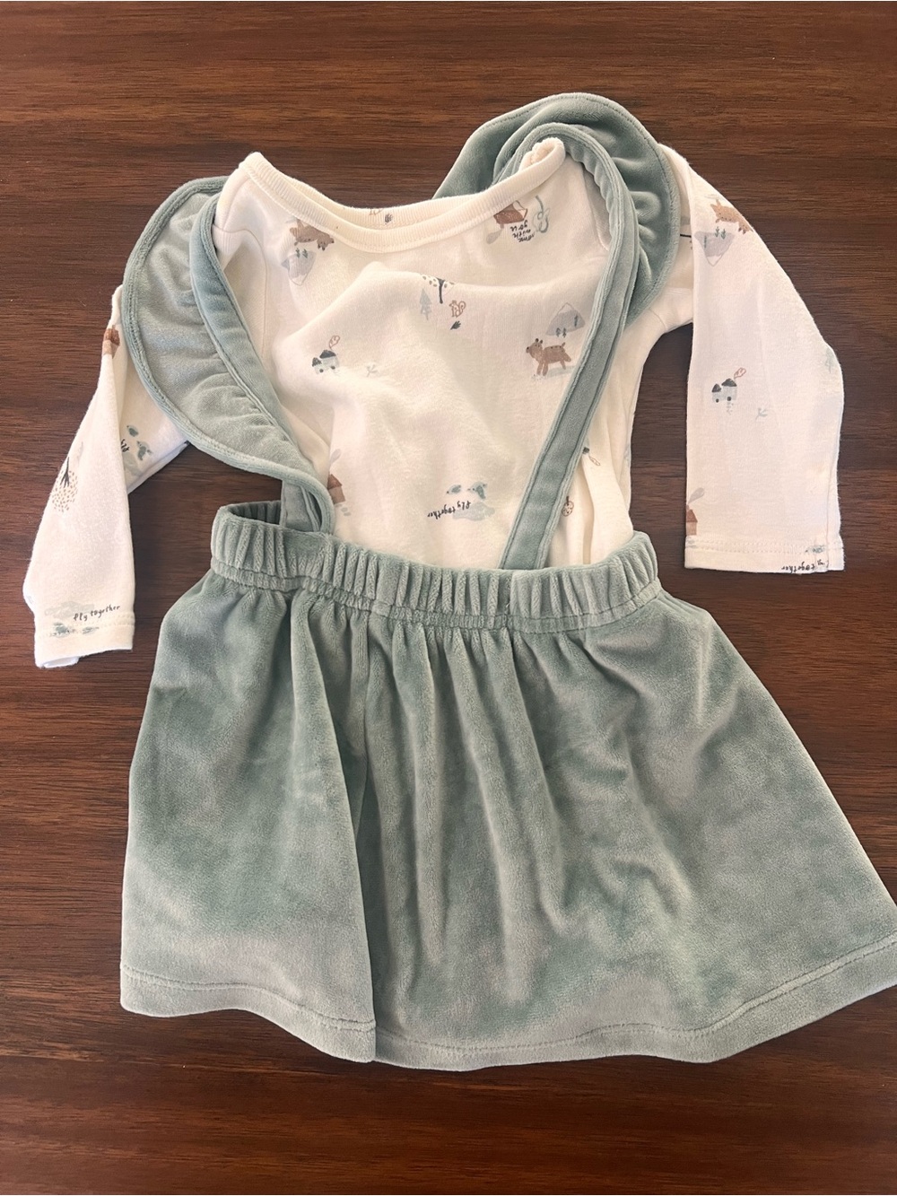 Carter's Light Sage Green Velvet Suspender Skirt Set